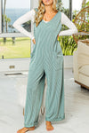 Moonlight Jade Corded Tie Straps V Neck Wide Leg Jumpsuit-Bottoms-MomFashion