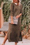 Leopard Round Neck Long Sleeve Split Dress-Dresses-MomFashion