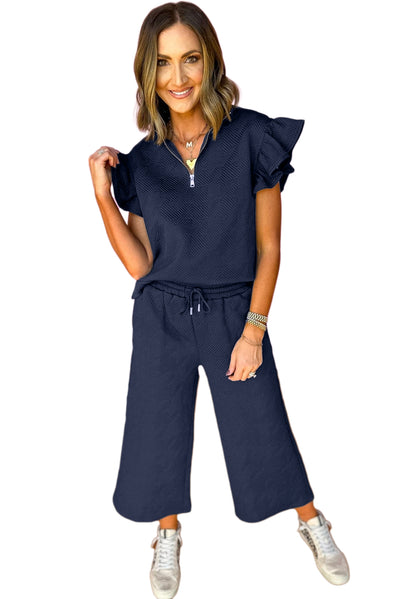 Navy Blue Textured Flutter Sleeve Top Wide Leg Pants Set-Loungewear-MomFashion