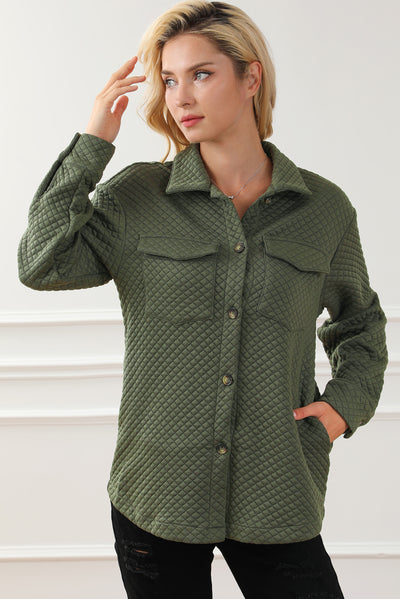 Green Retro Quilted Flap Pocket Button Shacket-Outerwear-MomFashion