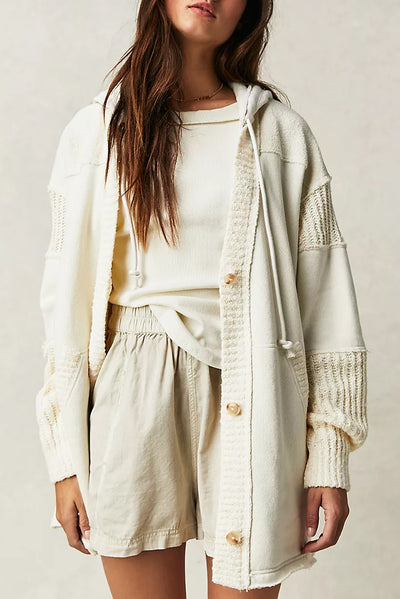 Beige Contrast Knit Patchwork Hooded Functional Coat-Outerwear-MomFashion