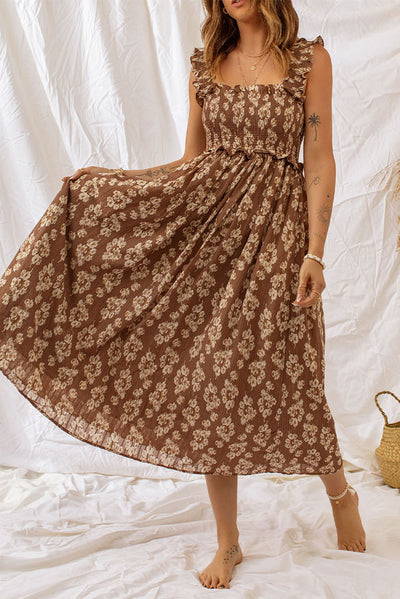 Brown Ruffled Straps Smocked Floral Maxi Dress-Dresses-MomFashion