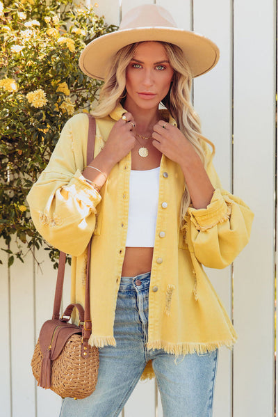 Yellow Distressed Fringe Trim Denim Jacket-Outerwear-MomFashion