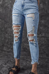 Sky Blue Acid Wash Distressed Slim Fit Jeans-Bottoms-MomFashion