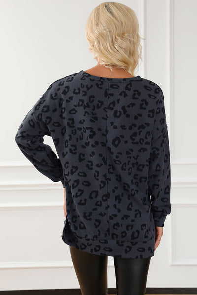 Gray Leopard Print Button Split Neck Waffle Sweatshirt-Tops-MomFashion