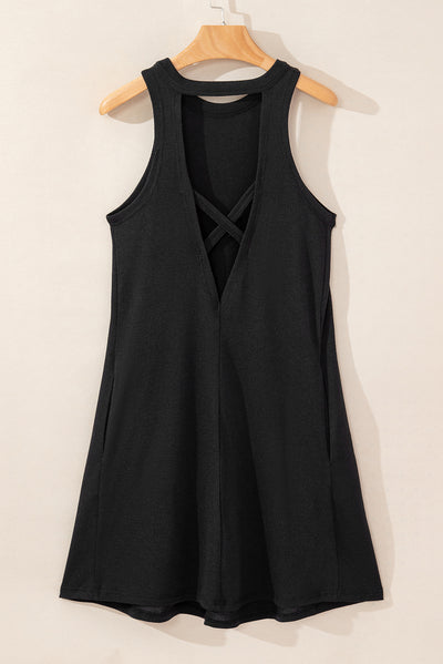 Black Crisscross Cut-out Back Knit Sleeveless Dress-Dresses-MomFashion