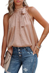 Pink Sleeveless Tie Mock Neck Leopard Tank Top-Tops-MomFashion