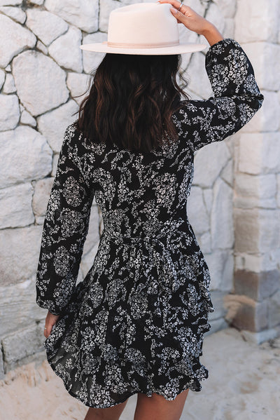 Black V Neck Baggy Sleeve Waist Tie Double Layer Ruffle Hem Floral Print Short Dress-Dresses-MomFashion