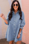 Sky Blue Buttoned Long Sleeve Denim Mini Dress-Dresses-MomFashion