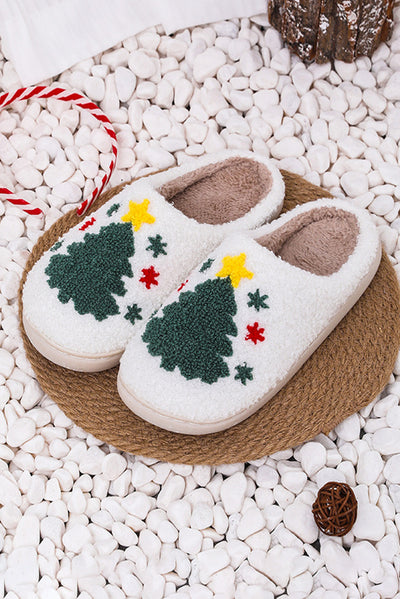 White Fuzzy Christmas Tree Pattern Home Slippers-Shoes & Bags-MomFashion