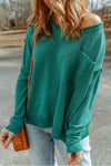 Green Solid Color Off Shoulder Rib Knit Sweater with Pocket-Tops-MomFashion