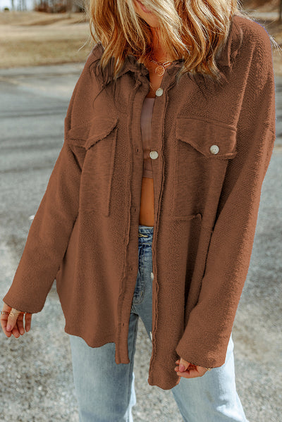 Brown Contrast Flap Pockets Relaxed Shacket-Outerwear-MomFashion