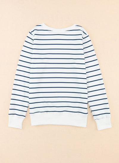 Striped Print Ribbed Trim Long Sleeve Top-Tops-MomFashion