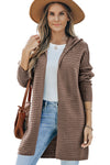 Brown Horizontal Rib Knitted Open Front Hooded Cardigan-Tops-MomFashion