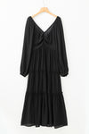 Black V Neck Bowknot Cutout Frill Tiered Maxi Dress-Dresses-MomFashion