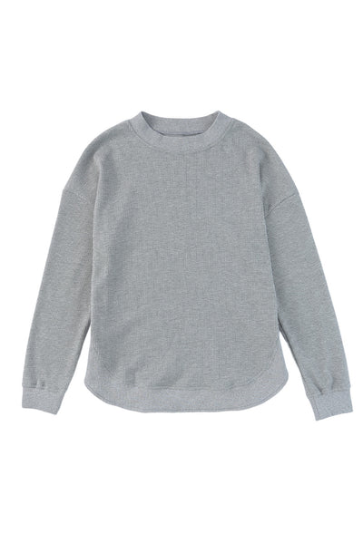 Gray Crew Neck Ribbed Trim Waffle Knit Top-Tops-MomFashion