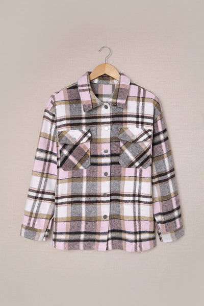 Pink Geometric Plaid Print Pocketed Shacket-Outerwear-MomFashion