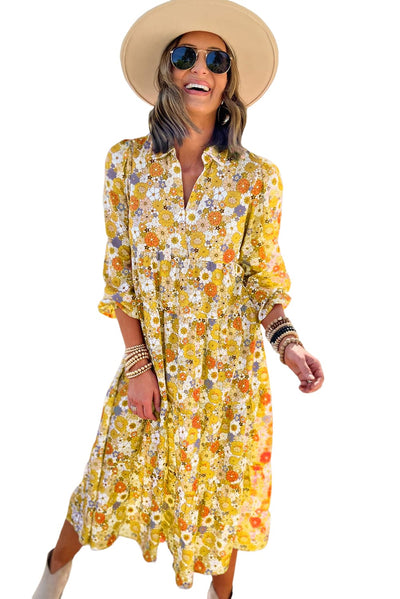 Yellow Boho Floral Collared Long Sleeve Ruffled Dress-Dresses-MomFashion