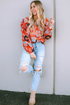 Fiery Red Floral Print Ruffle Puff Sleeve Blouse-Tops-MomFashion