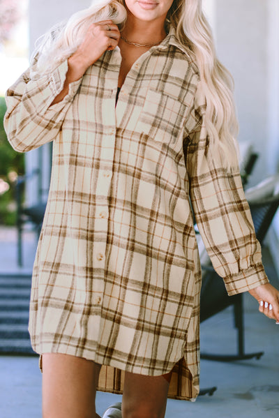 Khaki Western Plaid Button Up Loose Shirt Dress-Dresses-MomFashion