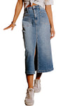 Sky Blue 4 Patch Pockets Front Slit Midi Denim Skirt-Bottoms-MomFashion