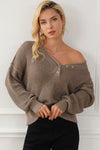 Khaki Pointelle Knit Button V Neck Drop Shoulder Sweater-Tops-MomFashion