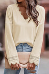 Apricot Ribbed Texture Lace Trim V Neck Long Sleeve Top-Tops-MomFashion