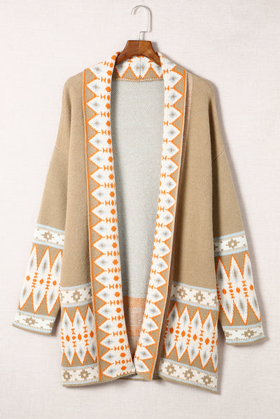 Khaki Aztec Print Open Front Knitted Cardigan-Tops-MomFashion