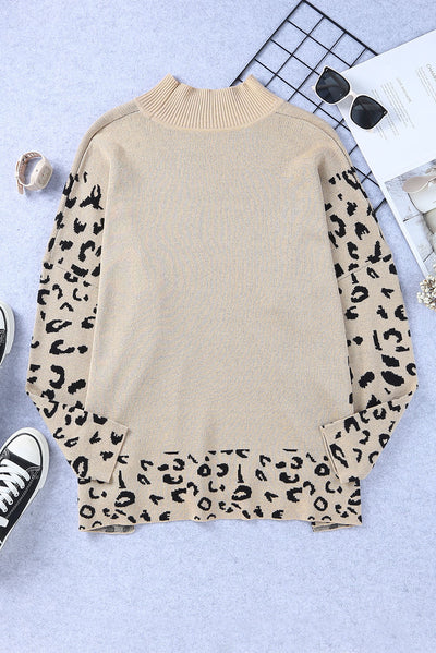 Khaki Leopard High Neck Side Slit Oversized Sweater-Tops-MomFashion