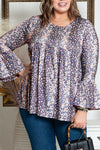 Purple Floral Print Round Neck Plus Size Babydoll Blouse-Plus Size-MomFashion