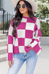 Bright Pink Checkered Round Neck Baggy Sweater-Tops-MomFashion