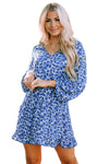 Blue Sky Blue/Blue/Apricot V Neck Lantern Sleeves Floral Tunic Dress-Dresses-MomFashion