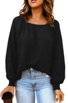 Black Scoop Neck Puff Sleeve Waffle Knit Top-Tops-MomFashion