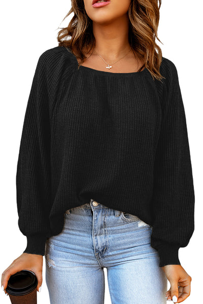 Black Scoop Neck Puff Sleeve Waffle Knit Top-Tops-MomFashion