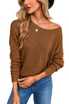 Brown Textured Knit Round Neck Dolman Sleeve Sweater-Tops-MomFashion