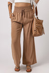 Brown Drawstring Elastic Waist Casual Wide Leg Pants-Bottoms-MomFashion