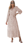 Leopard Surplice Neck Bubble Sleeve Maxi Dress with Sash-Dresses-MomFashion