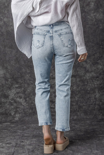 Sky Blue Light Wash Frayed Slim Fit High Waist Jeans-Bottoms-MomFashion