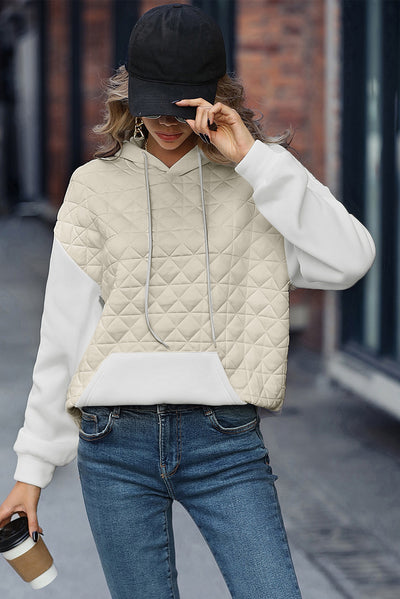 Beige Drop Shoulder Quilted Patchwork Kangaroo Pocket Hoodie-Tops-MomFashion