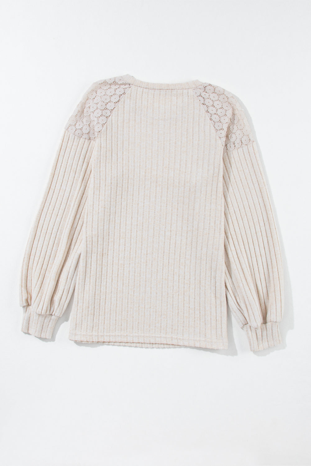 Parchment Contrast Lace Raglan Sleeve Buttoned Ribbed Top-Tops-MomFashion