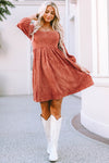 Brown Suede Square Neck Puff Sleeve Dress-Dresses-MomFashion