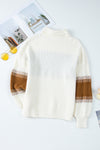 White Printed Patchwork Turtle Neck Knitted Sweater-Tops-MomFashion