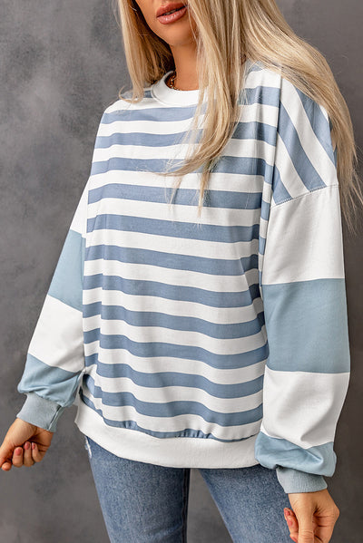 Stripe Drop Shoulder Striped Pullover Sweatshirt-Tops-MomFashion