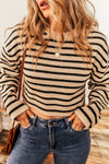 Light French Beige Striped Knit Drop Shoulder Crewneck Cropped Sweater-Tops-MomFashion