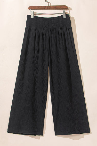 Black Textured High Waist Wide Leg Plus Size Pants-Plus Size-MomFashion