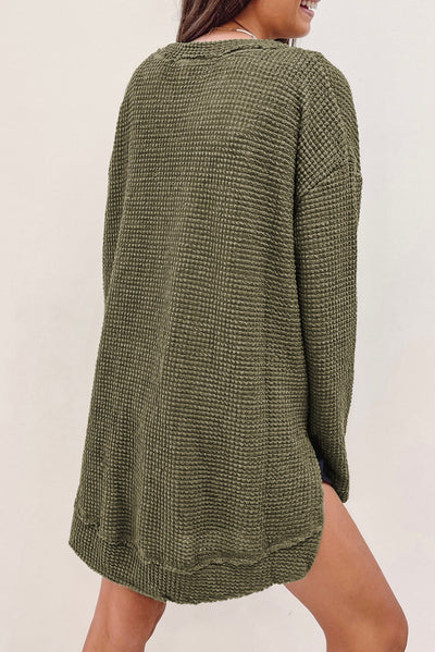 Green Waffle Knit High Slits Oversized Top-Tops-MomFashion