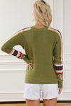 Green Leopard Contrast Striped Sleeve Ribbed Trim Sweater-Tops-MomFashion