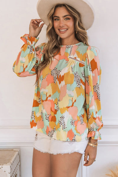 Pink Abstract Printed Long Sleeve Blouse-Tops-MomFashion