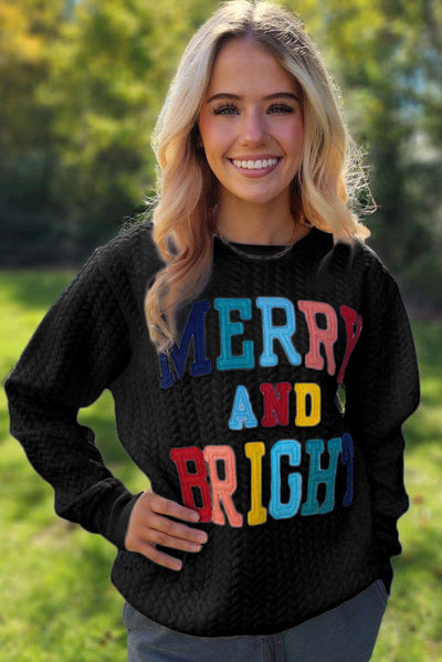 Black Merry And Bright Cable Knit Pullover Sweatshirt-Tops-MomFashion