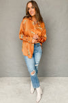 Russet Orange Cheetah Animal Print Button Up Satin Shirt-Tops-MomFashion